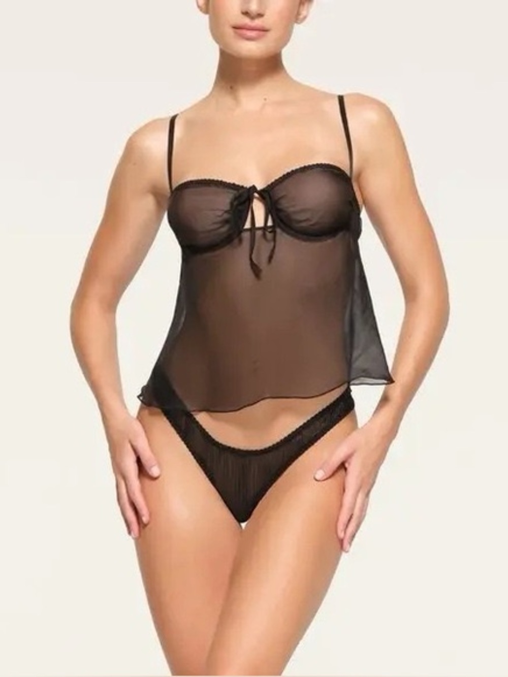 SKIMS Silk Romance Babydoll Camisole Top Sheer Lightweight In Black Onyx Medium‎